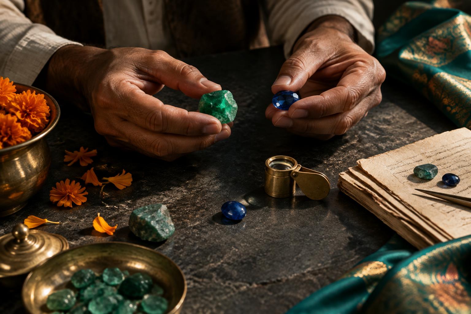 Hands carefully examining gemstones at an artisan's worktable