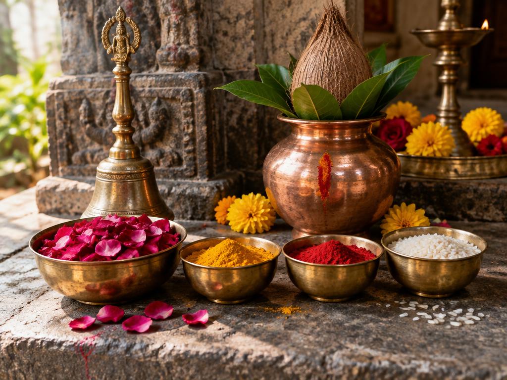 Traditional Vedic puja ceremony and sacred offerings