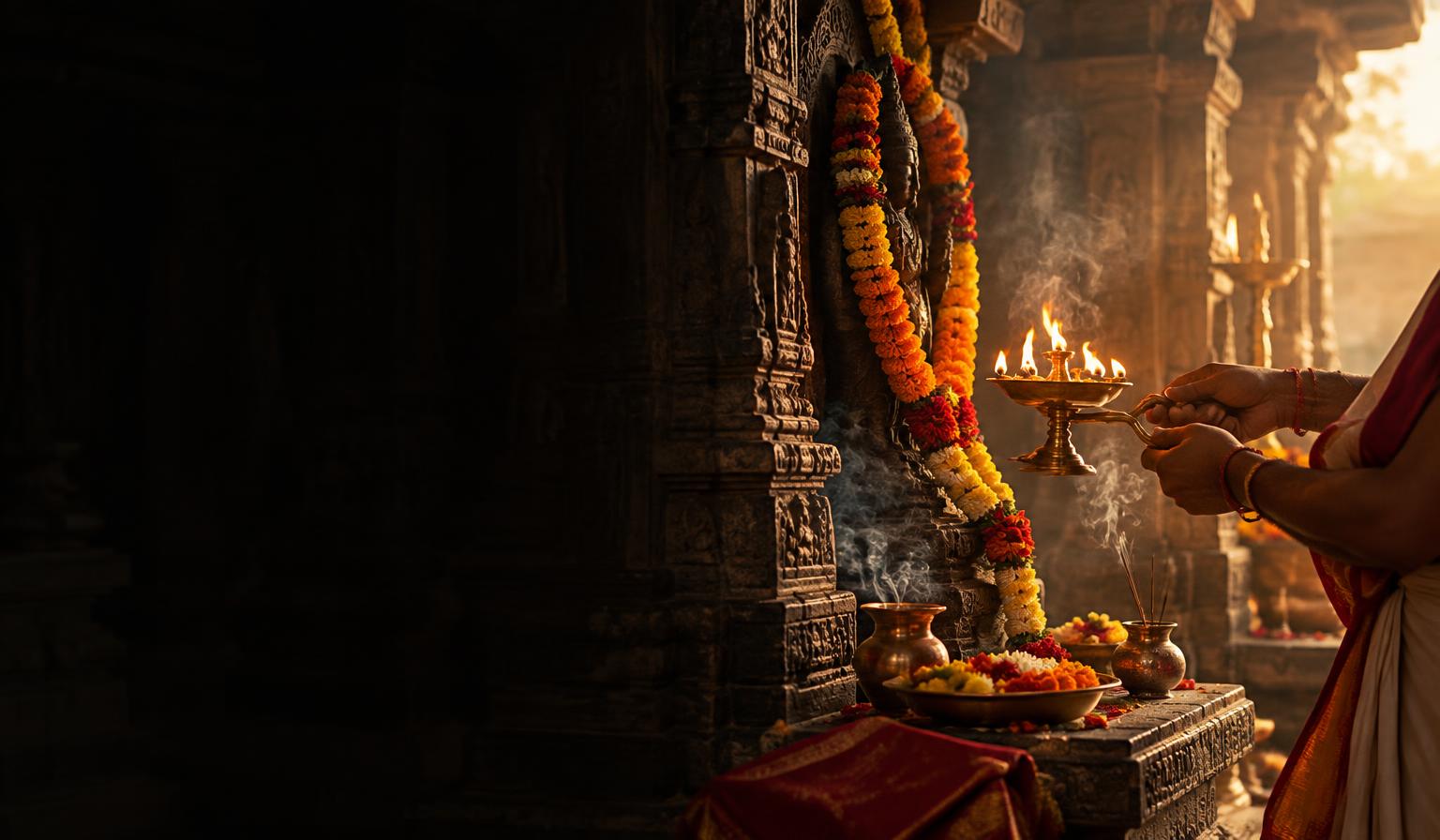 Priest performing aarti at a flower-adorned temple shrine
