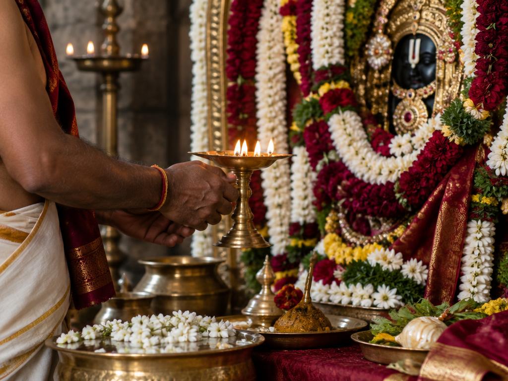 Traditional Vedic puja ceremony and sacred offerings