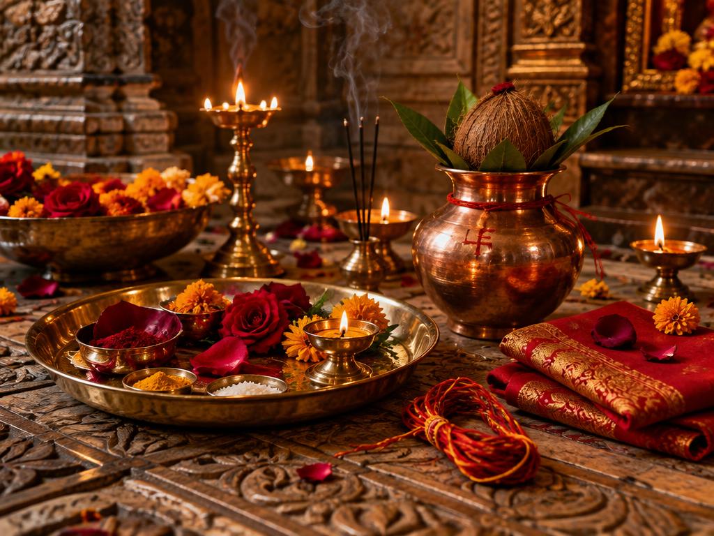 Traditional Vedic puja ceremony and sacred offerings